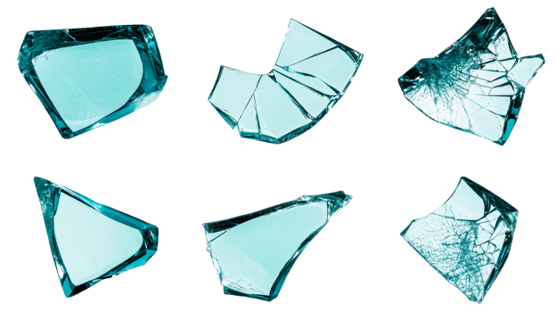 Shattered blue glass pieces, sharp edges, abstract shapes, cut out transparent png