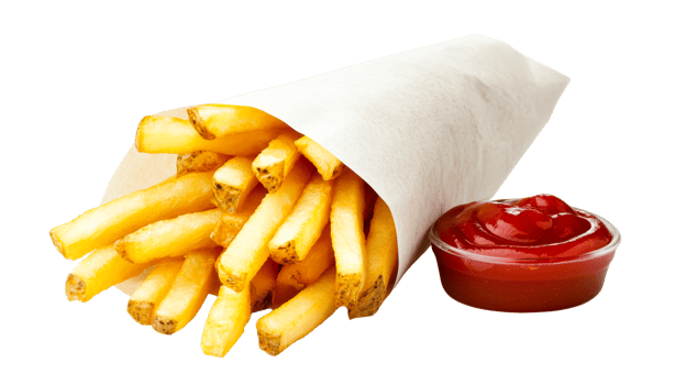 Golden French fries with ketchup in paper bag, ready to eat, cut out transparent png