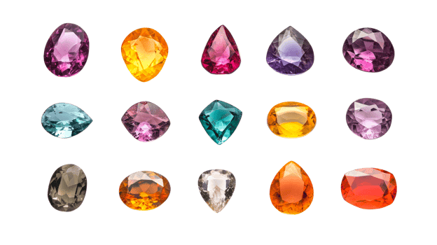 Assorted gemstones, colorful jewels, jewelry stones, faceted gems, cut out transparent png