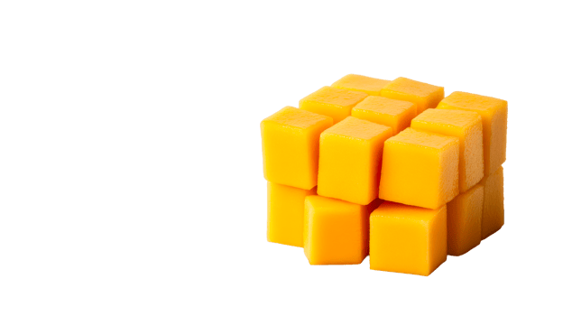 Diced ripe mango cube on a black background, cut out transparent png