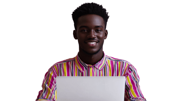 Young man smiles confidently, holding laptop, isolated portrait, cut out transparent png