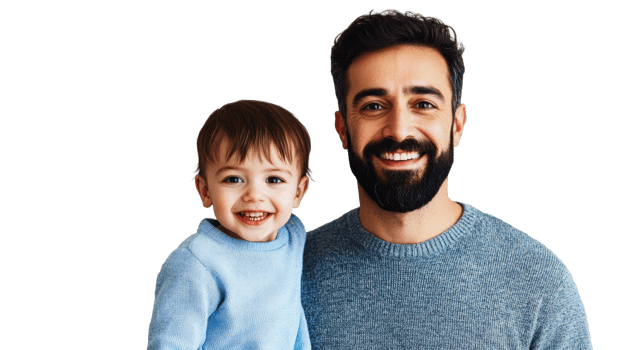 Joyful father and son smiling in a portrait, cut out transparent png