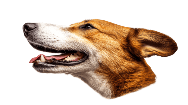 Joyful dog portrait, open mouth, isolated on black, canine happiness, cut out transparent png