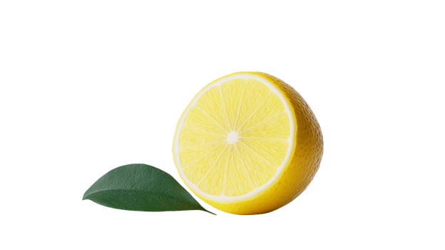 Half a lemon with a green leaf, cut out transparent png