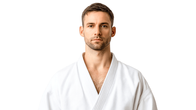 Man in white kimono looking at camera, cut out transparent png