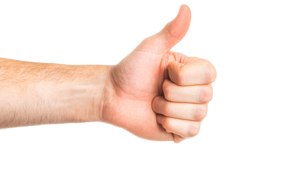 Hand gesture gives approving sign, thumb up, isolated, cut out transparent png