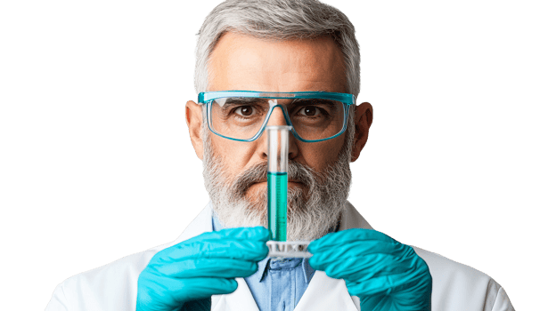 Scientist with Test Tube and Safety Glasses, cut out transparent png