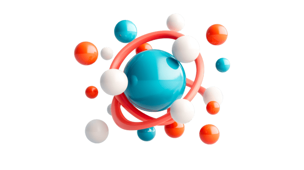 Sphere arrangement with ring in 3D render style on black, cut out transparent png