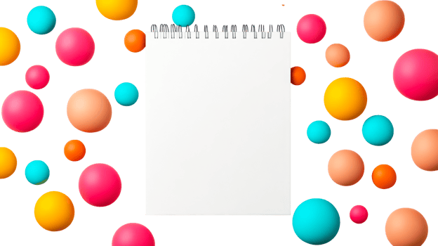 Notepad with colorful balls against black background, cut out transparent png