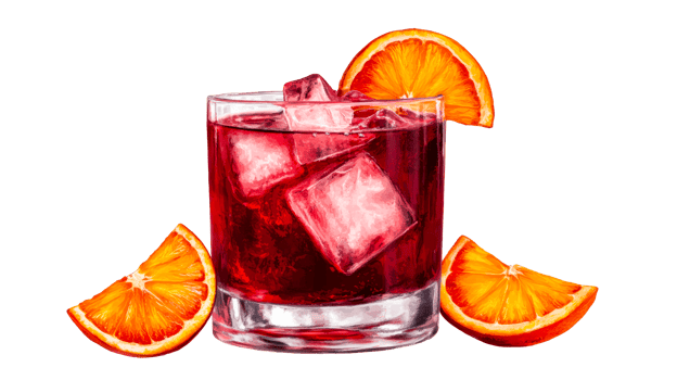 Negroni cocktail with ice and orange slices, cut out transparent png