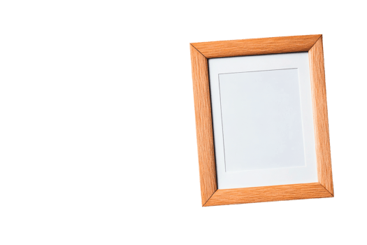 Minimalist picture frame for photos or art on black background, cut out transparent png