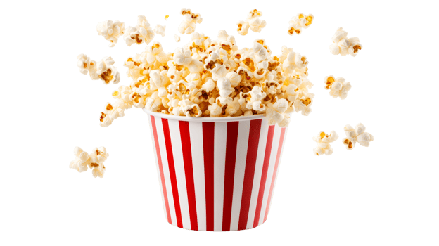 Popcorn bucket, overflowing snack, red, white stripes, floating, cut out transparent png