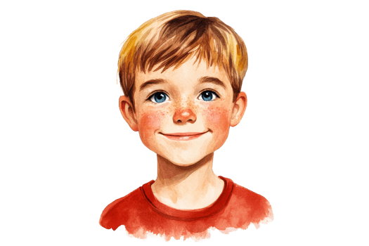 Smiling Boy Portrait with Freckles in Watercolor, cut out transparent png