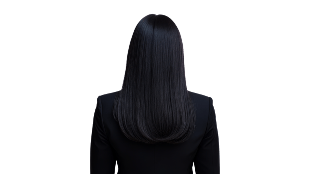 Elegant woman with silky black straight hair, back view, cut out transparent png