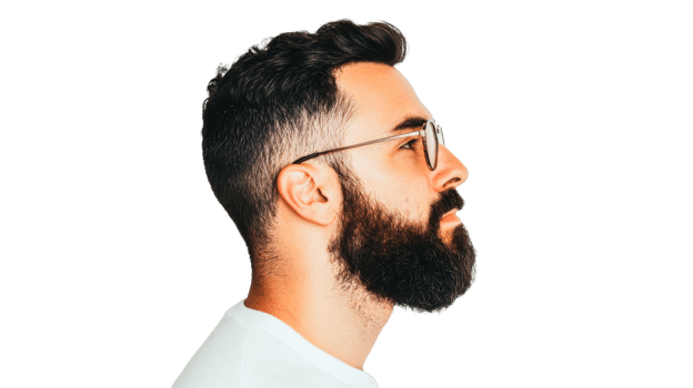 Handsome bearded man wearing glasses in profile, cut out transparent png