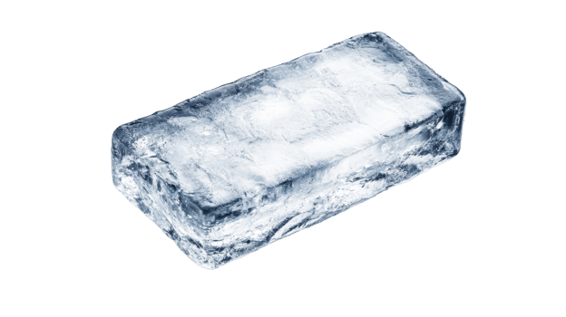 Frozen rectangular ice brick on a black background, cut out transparent png