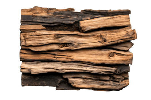 Stacked oak wood planks showing knots and texture, cut out transparent png