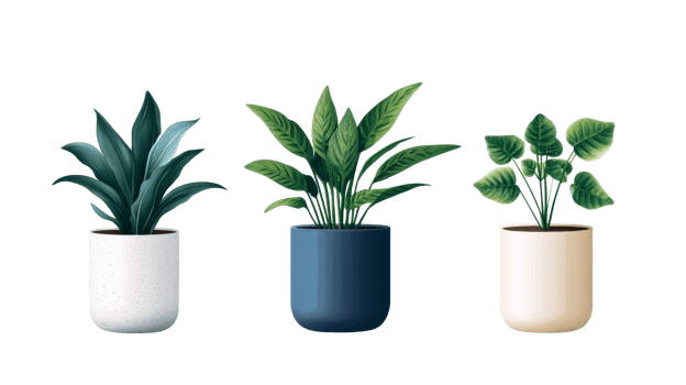 Three houseplants in decorative pots on black background, cut out transparent png