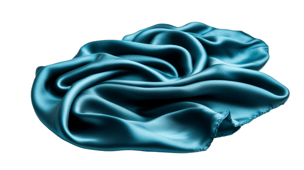 Luxurious, draped turquoise silk fabric texture with soft folds, cut out transparent png