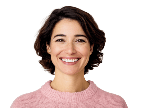 Smiling woman with short hair wearing pink sweater, isolated cut out transparent png