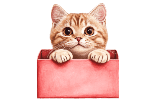 Adorable kitty sitting in a red box with a curious expression, cut out transparent png