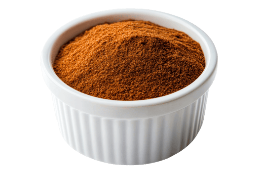 Aromatic brown powder in a white bowl, cut out transparent png