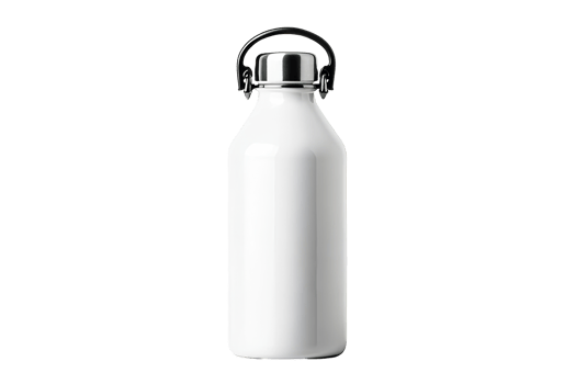 Insulated white bottle with loop on black background, cut out transparent png