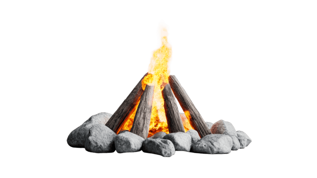 Campfire burning brightly surrounded by stones for warmth png
