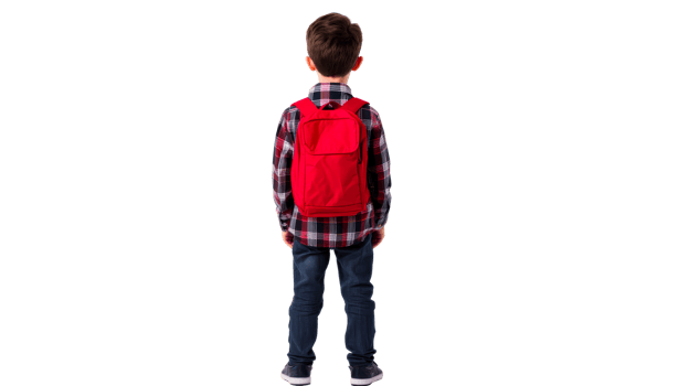 Child with red backpack standing on transparent background png