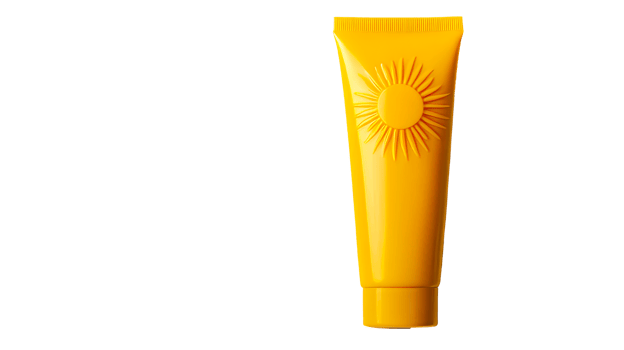 Bright yellow sunscreen tube with sun emblem on transparent background png