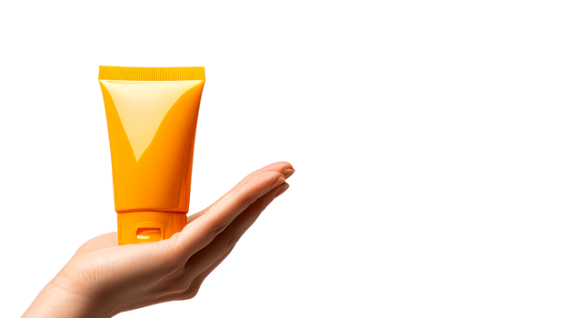 Bright orange cream tube held in hand against transparent background png