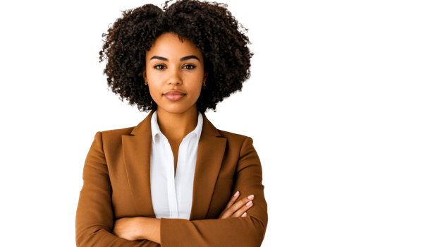 Confident businesswoman in brown blazer with arms crossed png