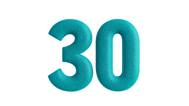 Turquoise number 30 in a playful design on clear background png
