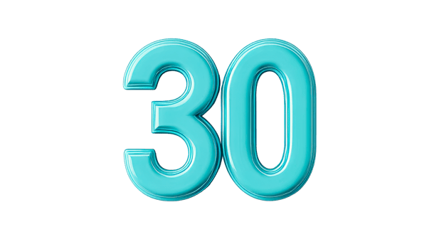 Bright turquoise number thirty on a transparent background png