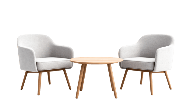 Cozy seating arrangement with two chairs and a wooden table png