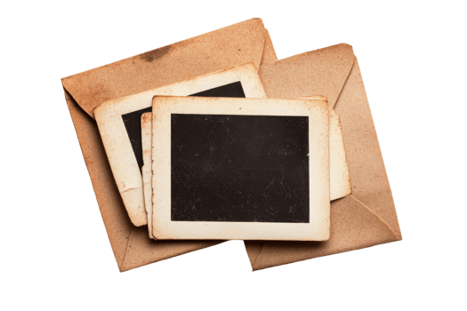 Collection of vintage photographs in brown envelopes with empty frames png