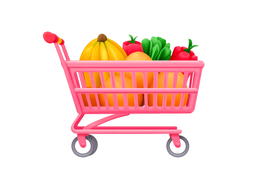 Colorful shopping cart filled with fresh fruits and vegetables png