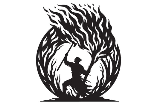 The silhouette of a man holding a torch in the middle of a fire vector
