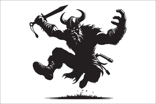 A black and white illustration of a viking with a sword vector