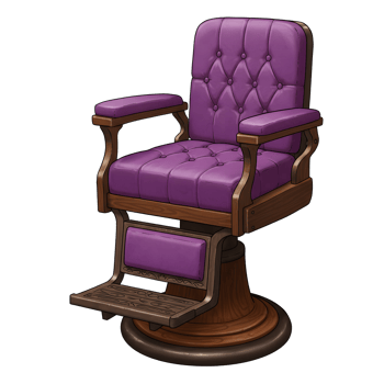 A classic barber chair, upholstered in rich purple, sits majestically. Dark wood accents and intricate detailing create a sophisticated, vintage feel. png