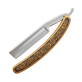 A gleaming straight razor, its elegant gold filigree handle contrasting beautifully with the polished steel blade. A classic, timeless design. png