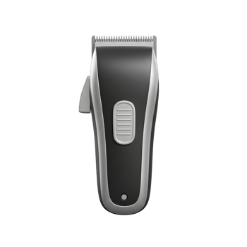 A close-up reveals a modern hair clipper, its sleek black body accented with silver. Clean lines and a simple design create a professional look. png
