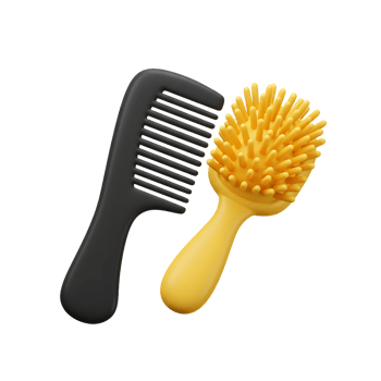A stylish black comb rests beside a cheerful yellow bristle brush, creating a vibrant and minimalist haircare scene. Perfect for styling png