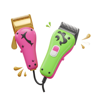 Two vibrant hair clippers, one pink and one green, playfully designed with whimsical patterns. A fun, modern aesthetic for hair care. png