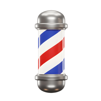 A gleaming chrome barbershop pole stands tall, its iconic red, white, and blue spiral stripes catching the light. A nostalgic and stylish symbol of classic barbering. png
