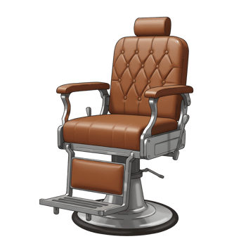 A vintage barber chair, rich brown leather, gleaming metal, and intricate details create a nostalgic and elegant feel. png