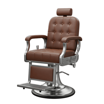 Step into elegance with this vintage-inspired barber chair. Rich brown leather upholstery and sleek chrome accents create a sophisticated atmosphere. Perfect for a modern barbershop png