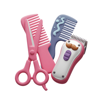 Adorable cartoon hairdressing tools Pink combs, scissors, and a cute trimmer with a mustache. Fun, playful, and perfect for kids png