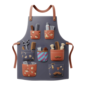 A charming illustration of a barber's apron, showcasing neatly organized tools and stylish pockets. The whimsical design creates a warm and inviting atmosphere. png