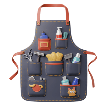 A charming 3D-rendered image showcases a dark-blue apron brimming with pet grooming essentials. Organized pockets hold scissors, razors, shampoos, and more, creating a cheerful and functional scene. png